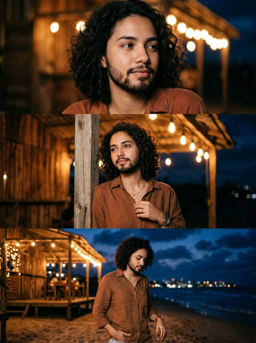 Cinematic Beachside Portrait at Night