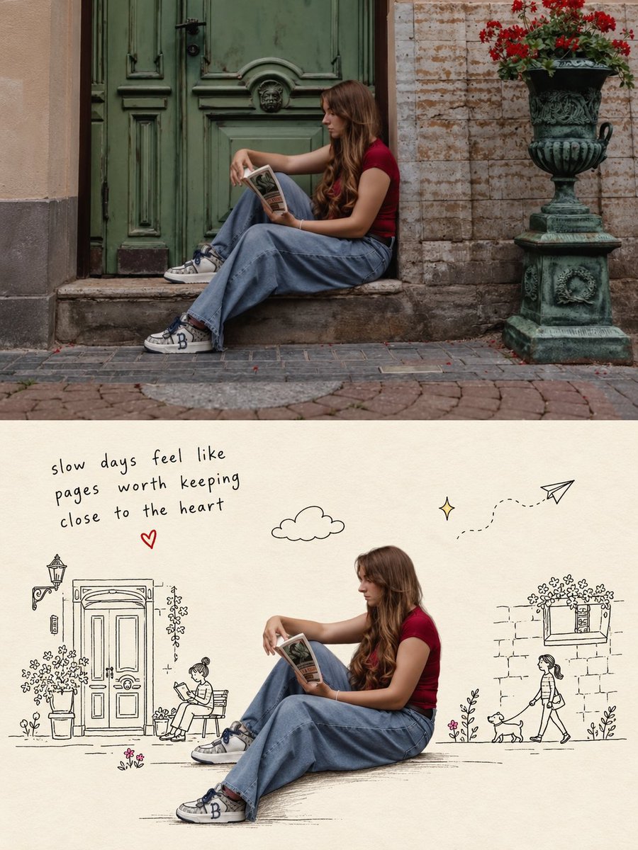 Photo Splits Into Cream Sketchbook With Hand-Drawn Doodle Scene