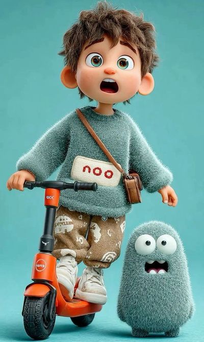 Surprised Pixar-Style Boy on Electric Scooter in Vibrant Studio