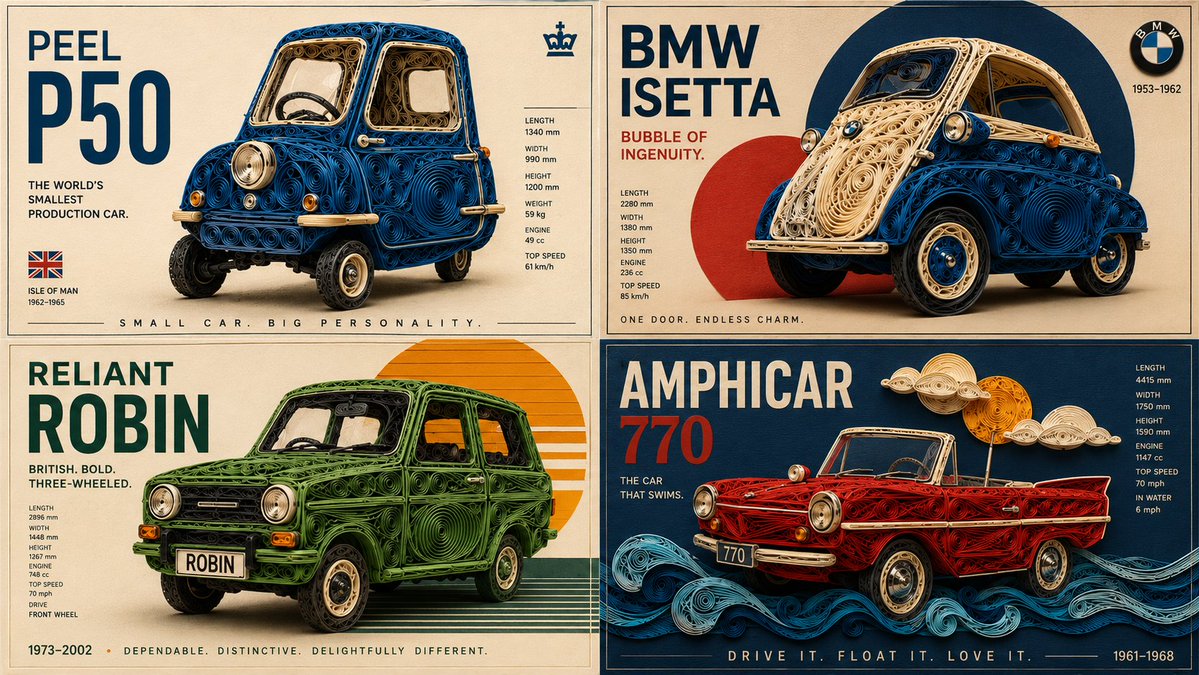 Four classic cars reimagined as intricate paper quilling sculptures
