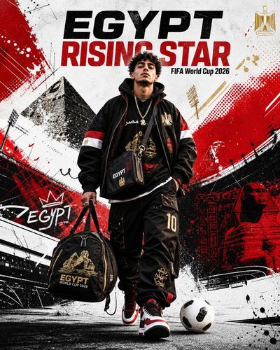 Egyptian football star walks forward in bold streetwear style