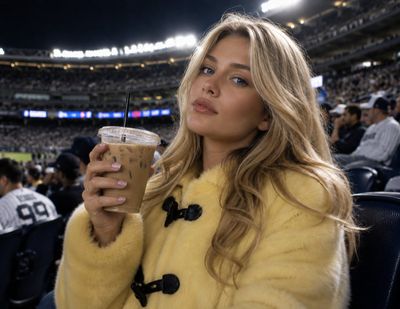 Young woman in yellow coat enjoys iced latte at night game
