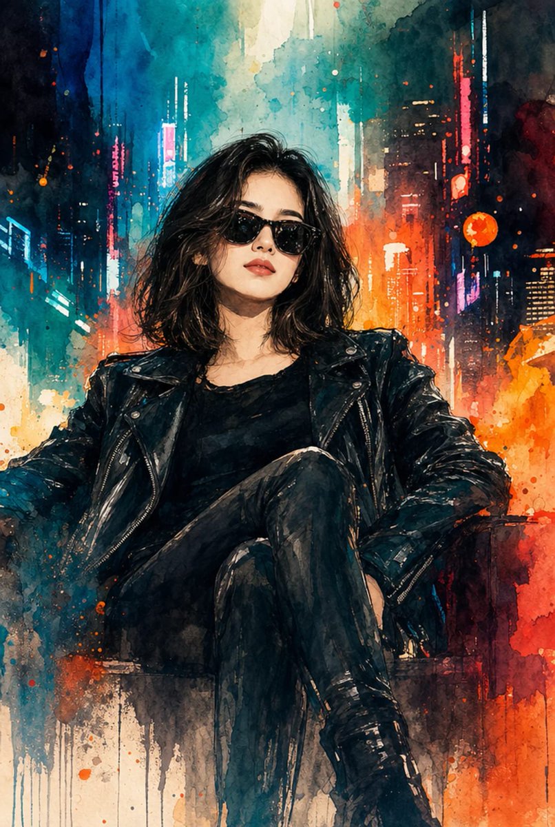A fearless woman in a leather jacket poses in a watercolor cityscape