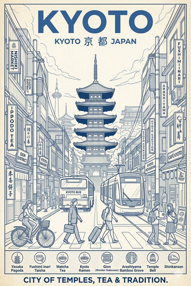 Monochrome Kyoto travel poster shows Yasaka Pagoda above busy street