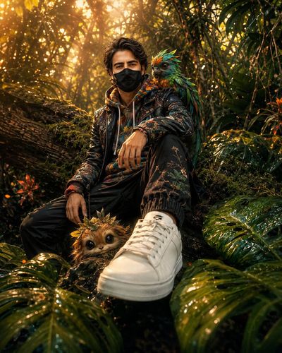 A masked young man sits on a fallen tree in a sunlit jungle