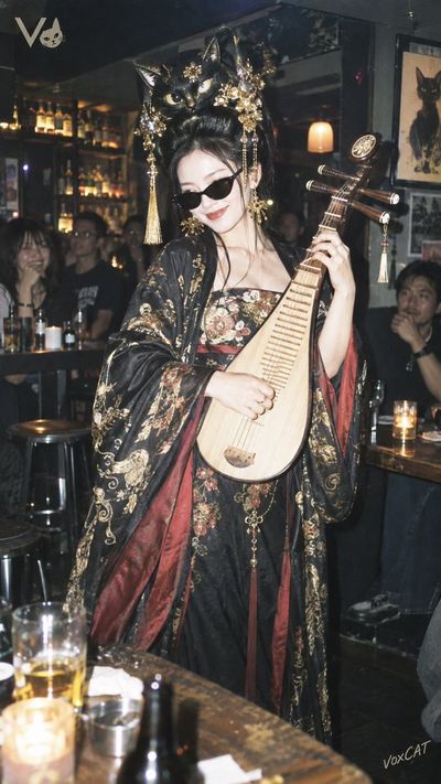 Neo-Chinese Musician with Cat Headdress Smirks Inside a Modern Bar