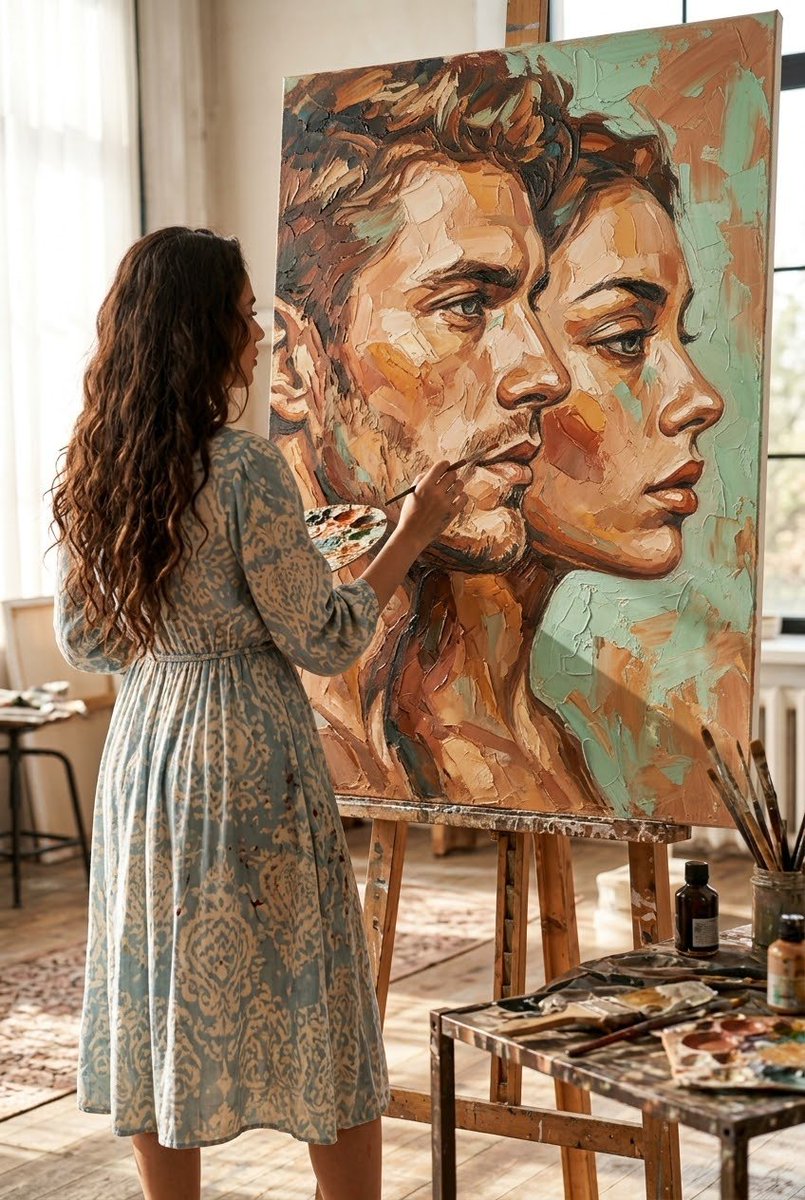 Female artist paints a dual portrait in a sunlit studio
