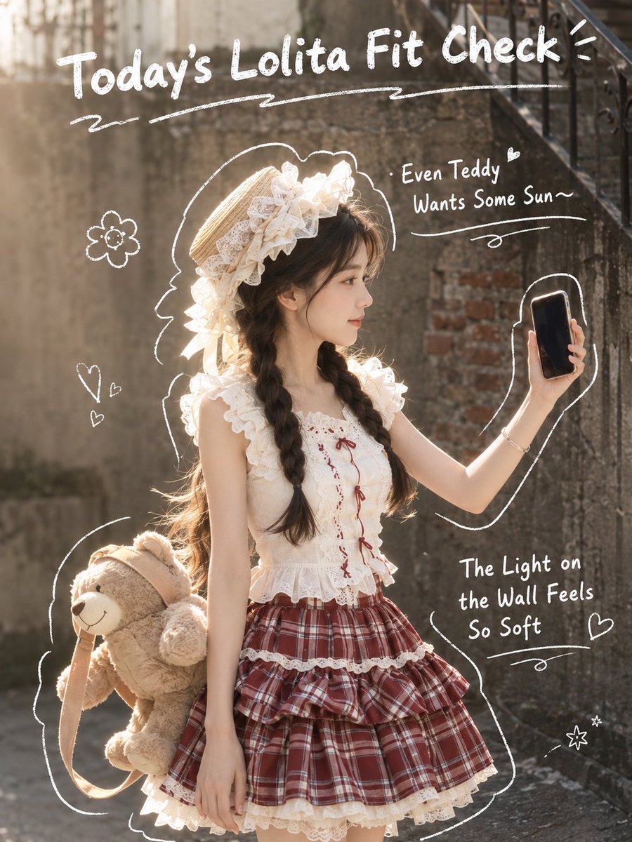 A girl in Lolita fashion takes a selfie with her teddy bear