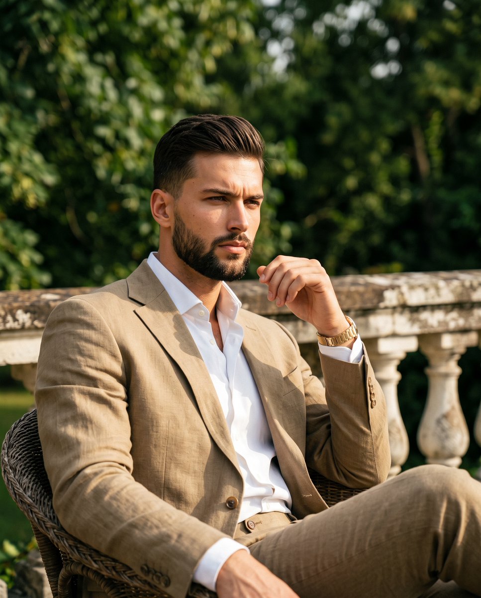 Rugged man in tan linen suit sits outdoors in golden sunlight