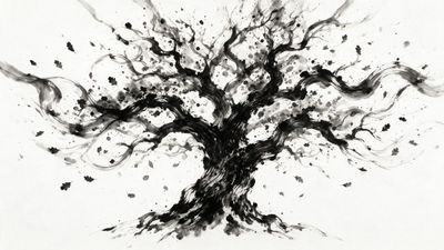 Ancient oak tree explodes from black sumi-e ink brushstrokes