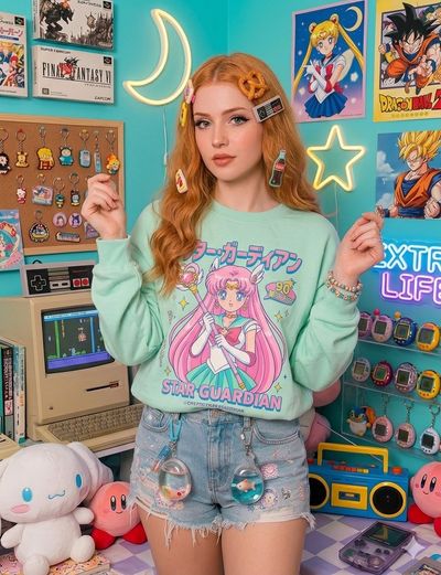 Ginger-haired woman waves in a retro gamer room filled with plushies