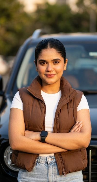 Confident woman poses with luxury SUV during golden hour