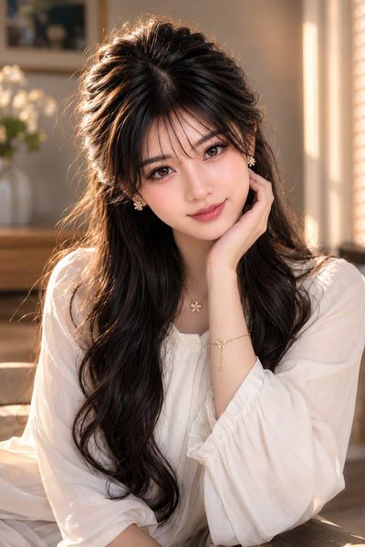 A woman with long wavy hair sits in a cozy living room