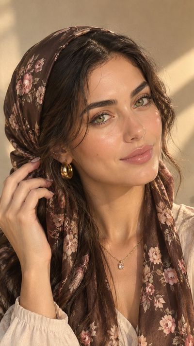 Sunlit Portrait of Woman in Brown Silk Headscarf with Floral Print
