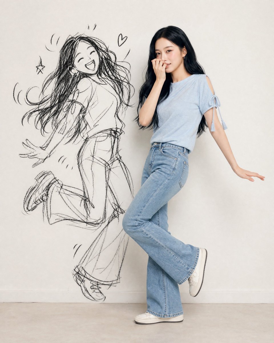 Playful real subject stands beside chaotic ink-twin doodle on wall