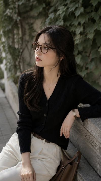 A young woman in vintage style contemplates beside ivy-covered stone wall