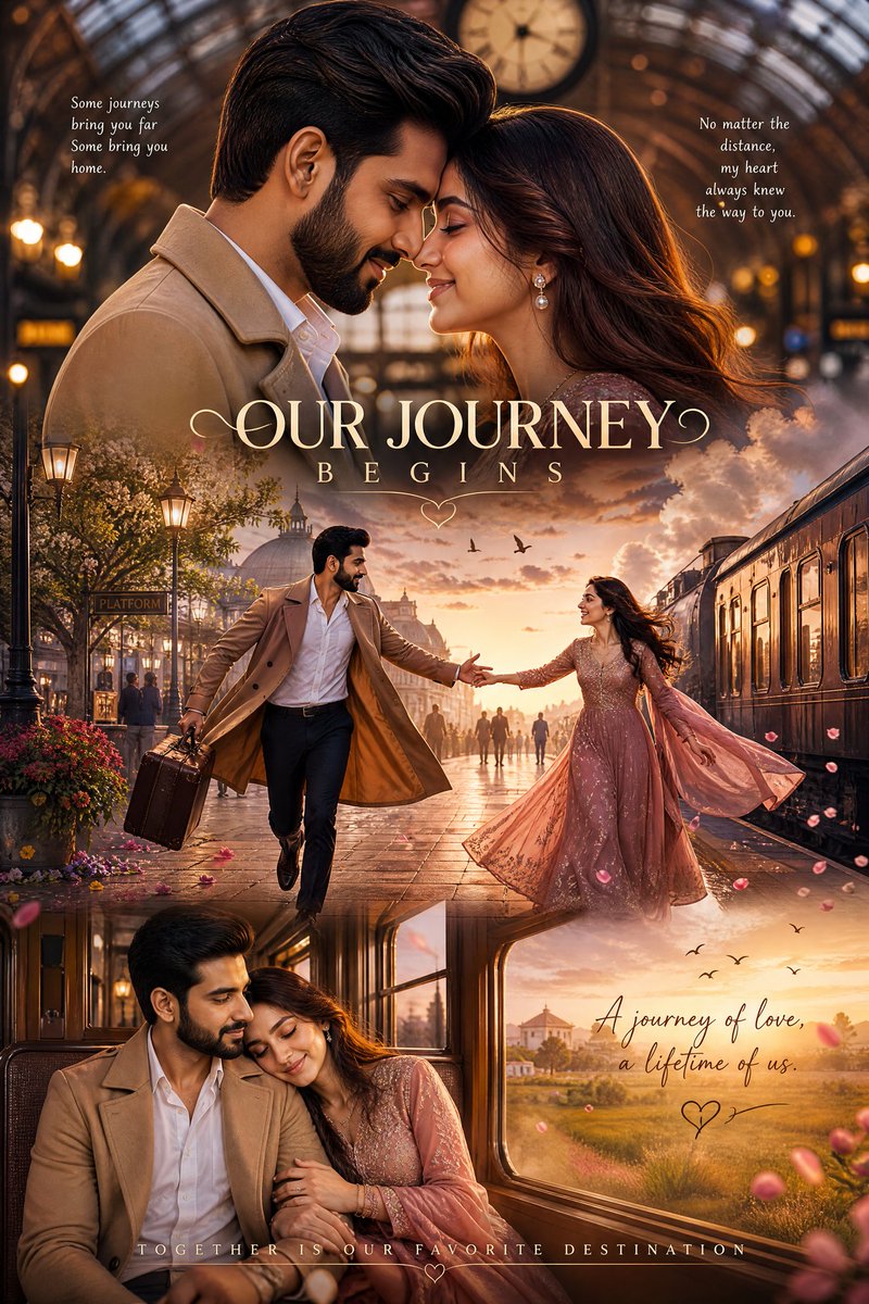 A South Asian couple reunites at a vintage railway station during golden hour