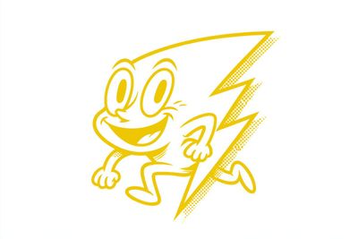 A cheerful fox mascot leaps against a clean white background