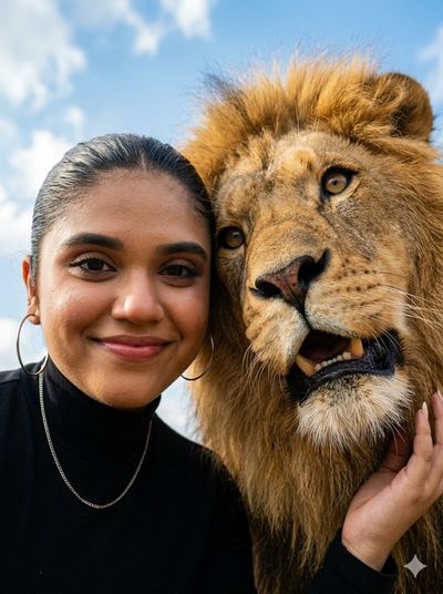 Young woman presses her head against a lion under blue sky