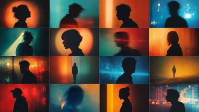Glowing silhouettes of anonymous faces fade into warm neon light