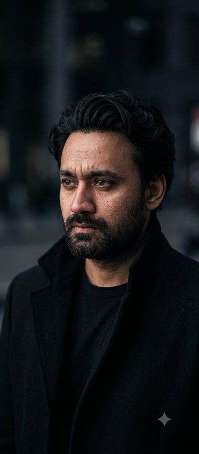A man in a black coat stares intensely into the night