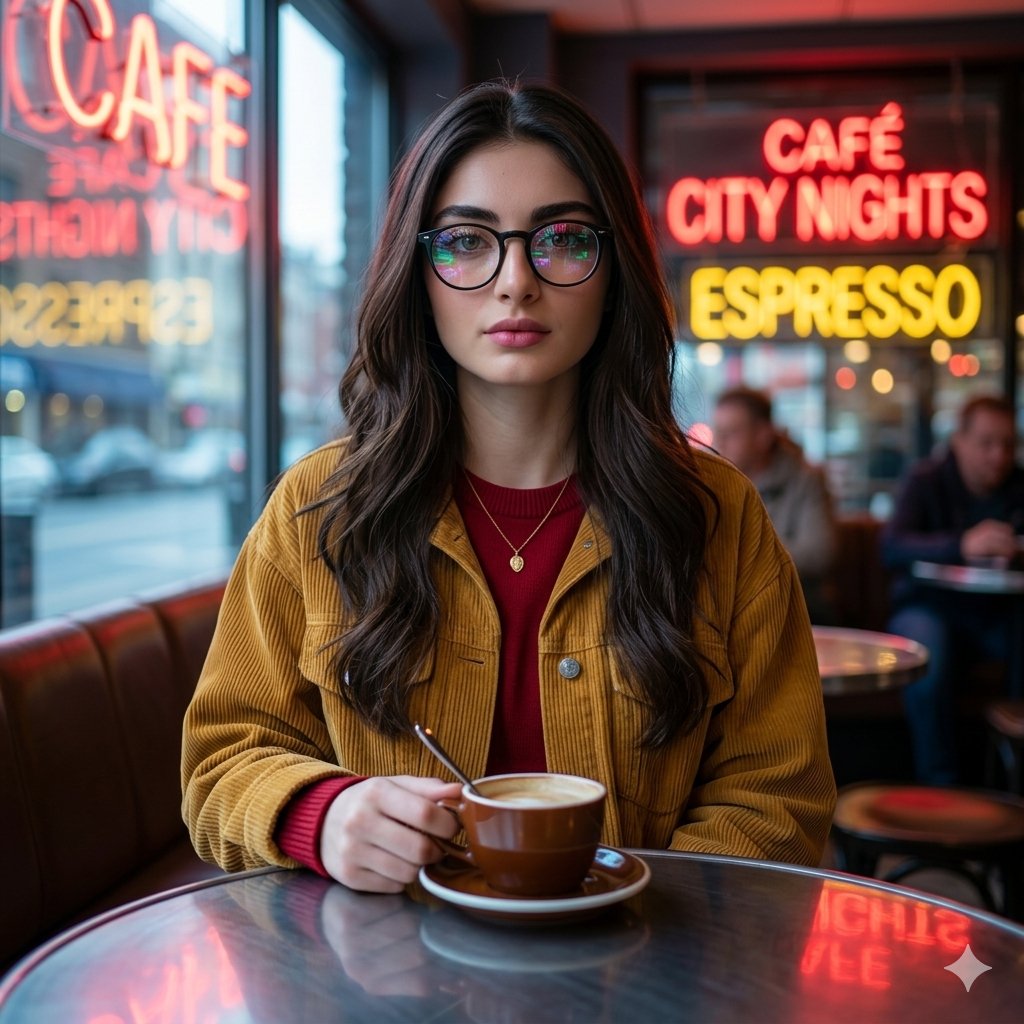 Urban Autumn Vibes: Corduroy and Coffee in Neon Glow