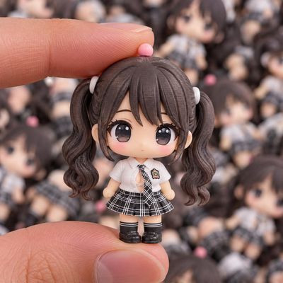 A tiny chibi figurine held gently between thumb and index finger