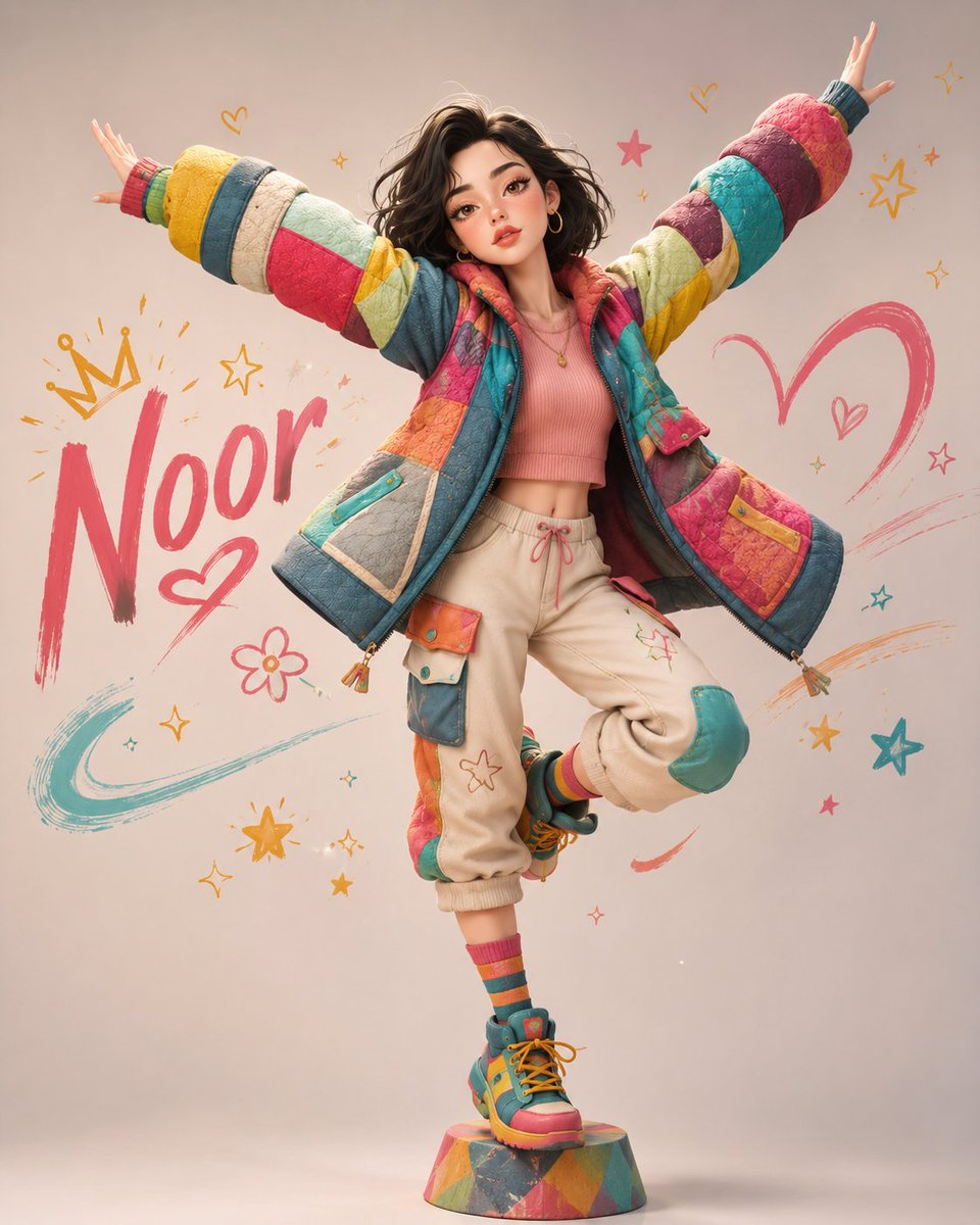 A stylized cartoon girl balances in colorful streetwear with playful doodles