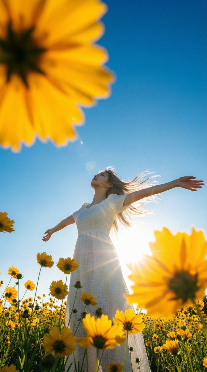 Chasing Sunlight: A Dance in a Floral Dreamscape