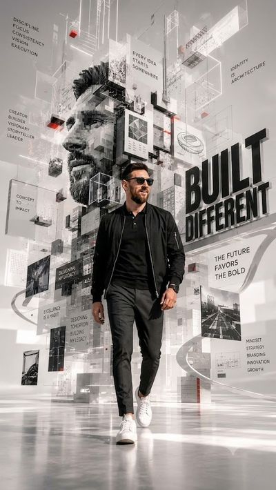 Messi walks through a futuristic glass corridor of digital architecture