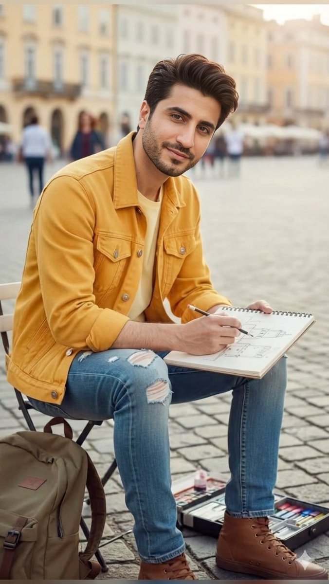 Sunlit Sketcher in a Vibrant European Plaza