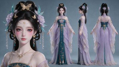 Chinese Fairy in Lavender Hanfu Shown in 3D Turnaround Sheet