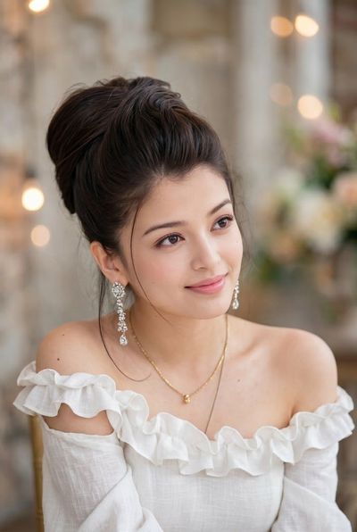 Elegant woman with French twist bun smiles in soft bokeh light