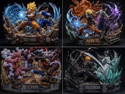 A dynamic diorama captures Goku's Kamehameha against Vegeta in ruined city