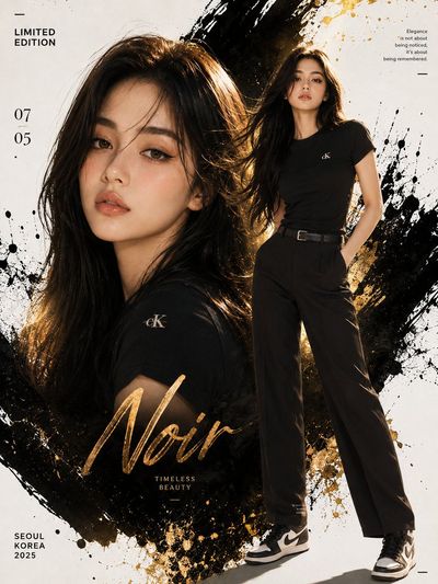 Young Korean woman poses in minimalist black outfit with golden light