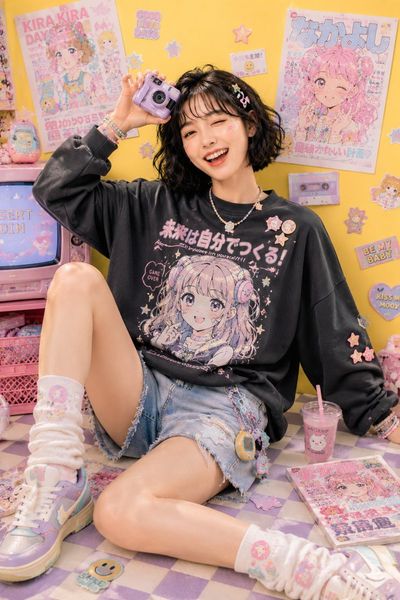Cheerful woman in oversized pastel streetwear poses against yellow backdrop