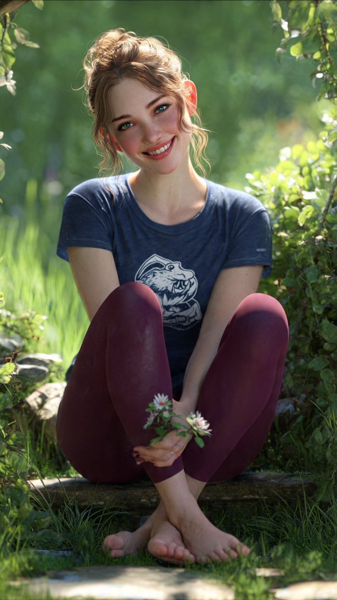 Woman sits peacefully in sunlit garden with vibrant greenery