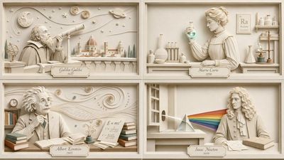 Einstein's thought experiment unfolds in layered ivory paper.