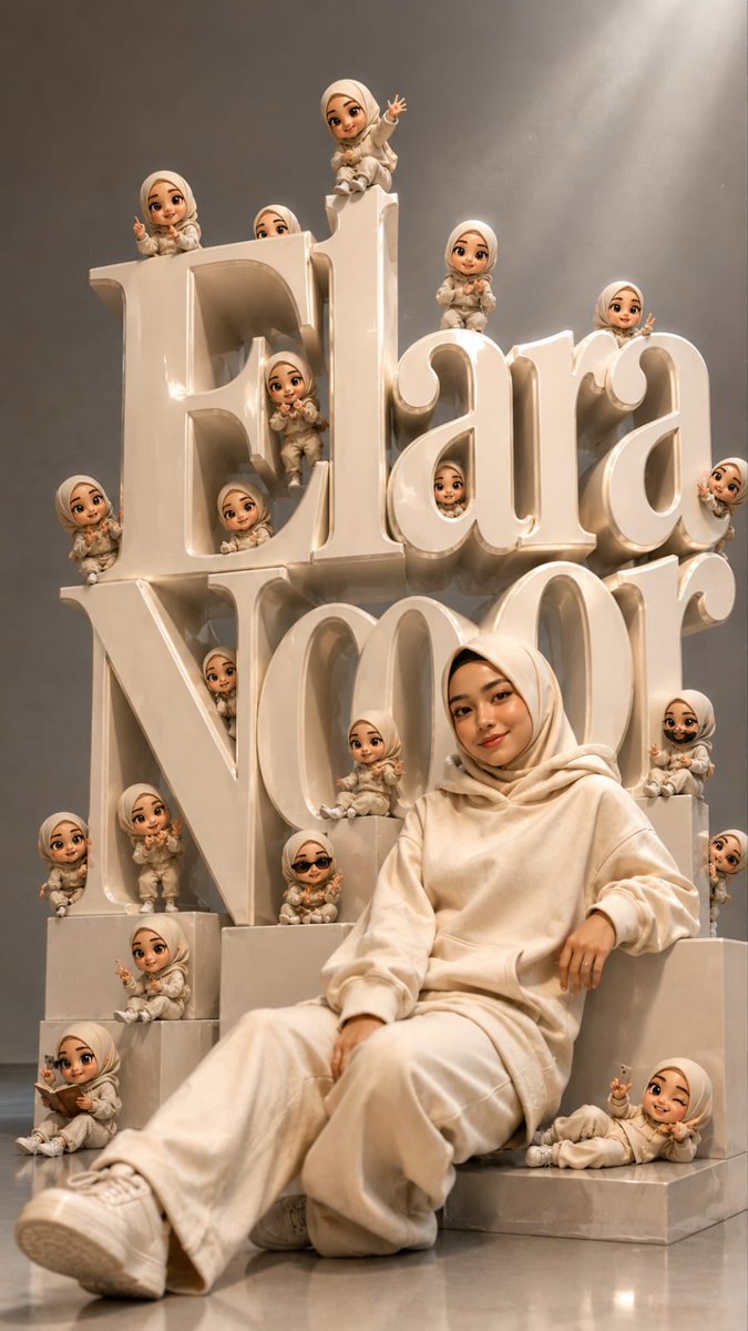 Muslim woman in cream hoodie poses beside giant glossy ElaraNoor letters
