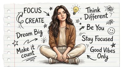 A focused young woman sits surrounded by motivational doodles and words.