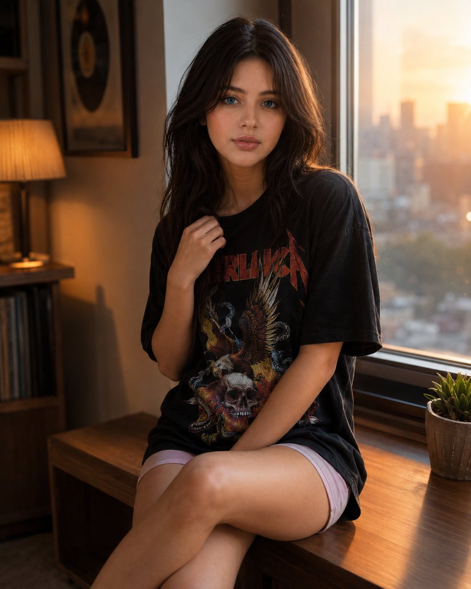 Young woman sits on window ledge in warm sunset light