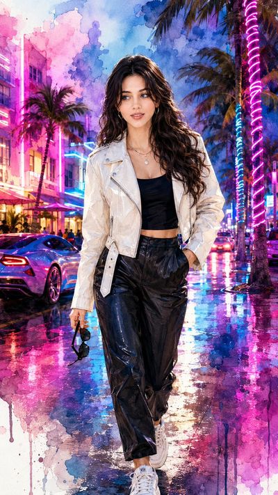 A glamorous woman struts through neon-lit Vice City at twilight