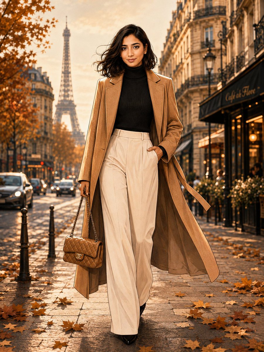 A woman in a camel coat walks through autumn Paris streets.