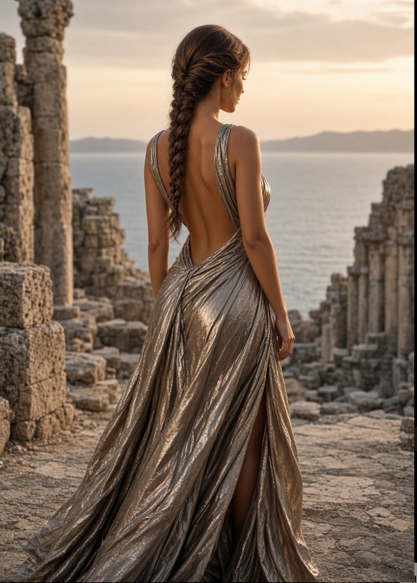 Woman in Champagne Gold Gown Poses at Ancient Ruins Overlooking Sea