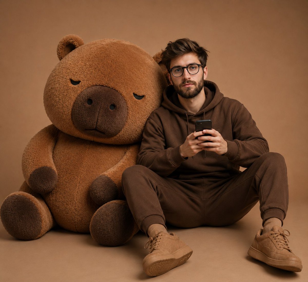Young man in brown hoodie sits with giant teddy bear on floor