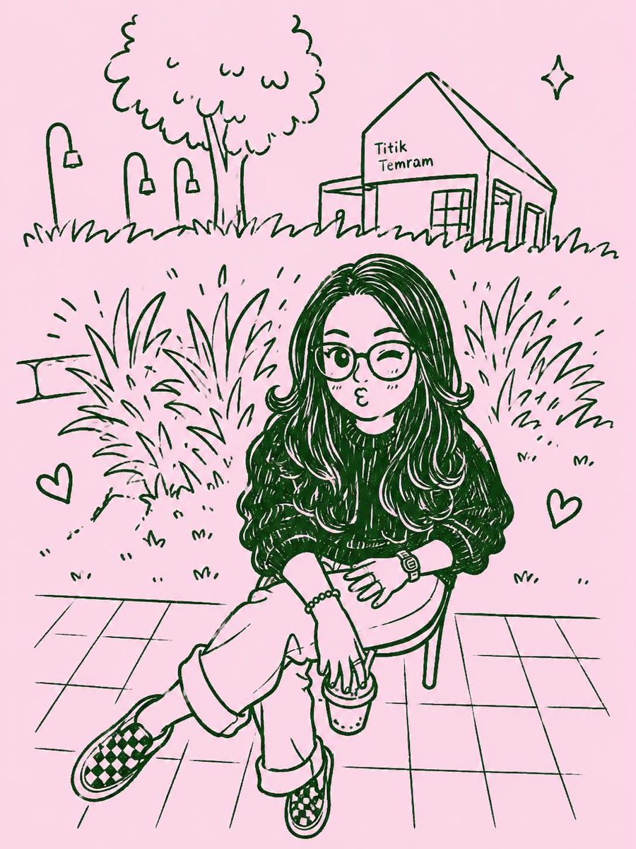 Cute chibi girl with hijab poses in monochrome doodle style