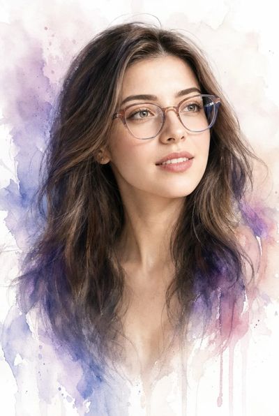 Woman in glasses gazes softly with watercolor-realism portrait style