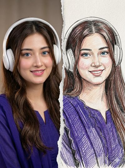 Split portrait shows a woman half photo half sketch