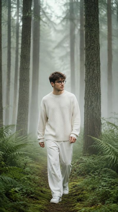A young man walks through misty pines in morning fog