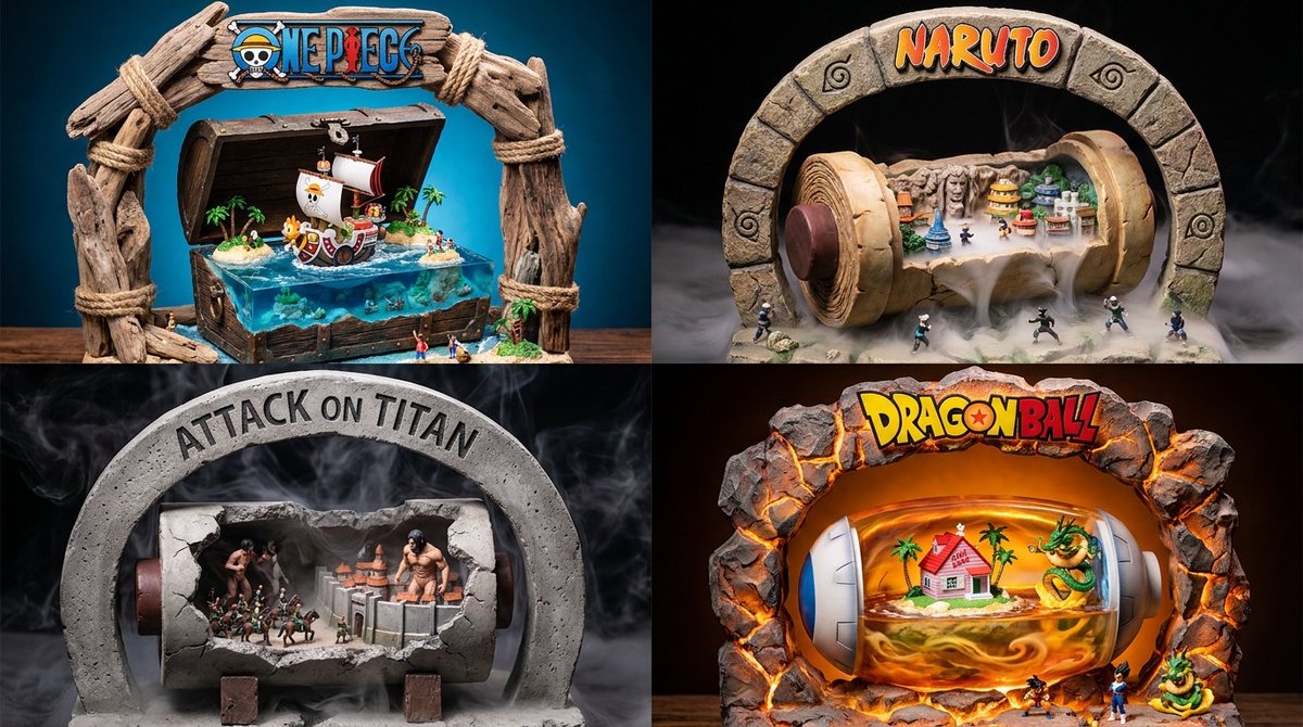 Franchise letters arch over a resin diorama with miniature worlds